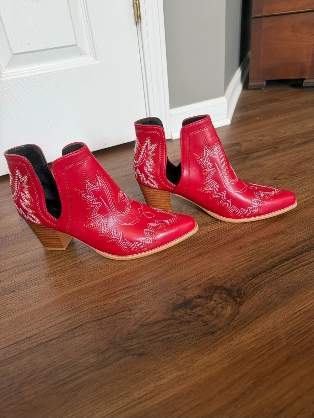Red Western Ankle Boots with Embroidered Detail - Women